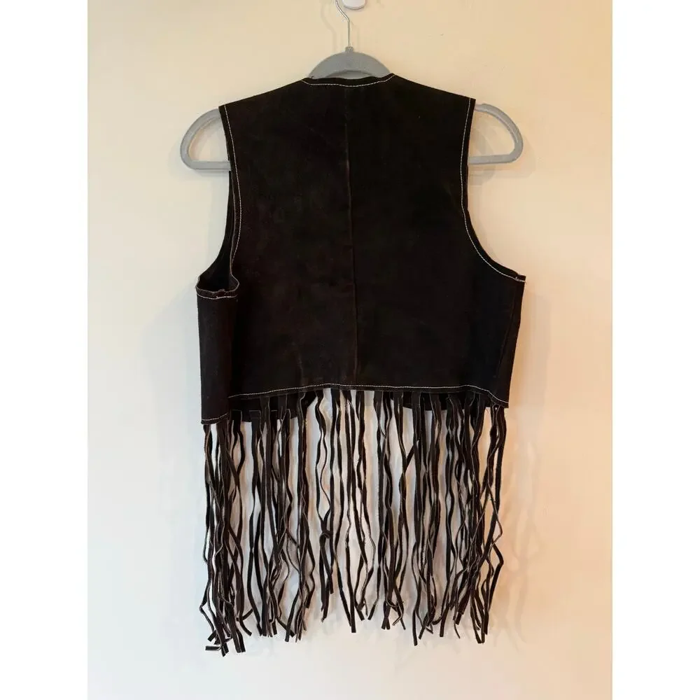 Vintage 90s Western Fringe Vest Women’s Size Medium Brown Sleeveless V-Neck